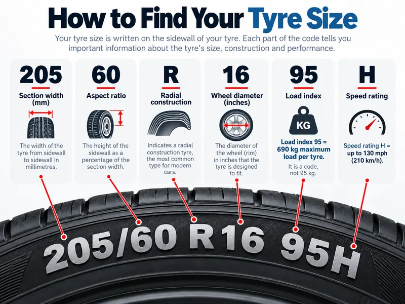 How to find your tyre size. It is on the sidewall of the tyre, for example 205/60 R16 95H: 205 is the width in millimetres, 60 is the sidewall height as a percentage of the width, R means radial construction, 16 is the wheel diameter in inches, 95 is the load index and H is the speed rating.